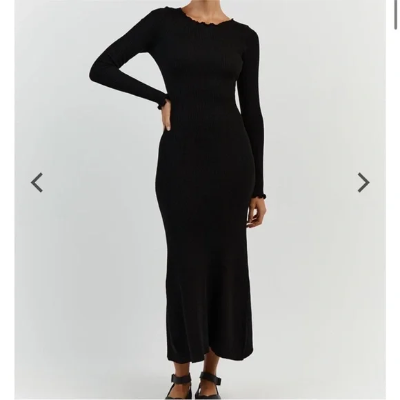 DISSH Sophia Ribbed Knit Long Sleeve Midi Dress Black Scalloped Medium - Picture 1 of 5